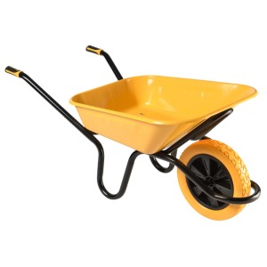 Gelbe Haemmerlin Bau Plus Schubkarre mit 100 l Mulde und PU-Rad. Ideal für Bauarbeiten.