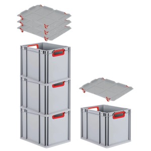 PROREGAL Spar Set: 4 graue Euroboxen mit roten Griffen und Auflagedeckel, gestapelt.