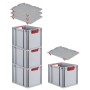 PROREGAL Spar Set: 4 graue Euroboxen mit roten Griffen und Auflagedeckel, gestapelt.