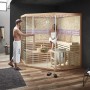 XL Sauna SKYLINE BIG aus Tannenholz mit Kunststeinwand und Glasfront. Für 2-6 Personen.