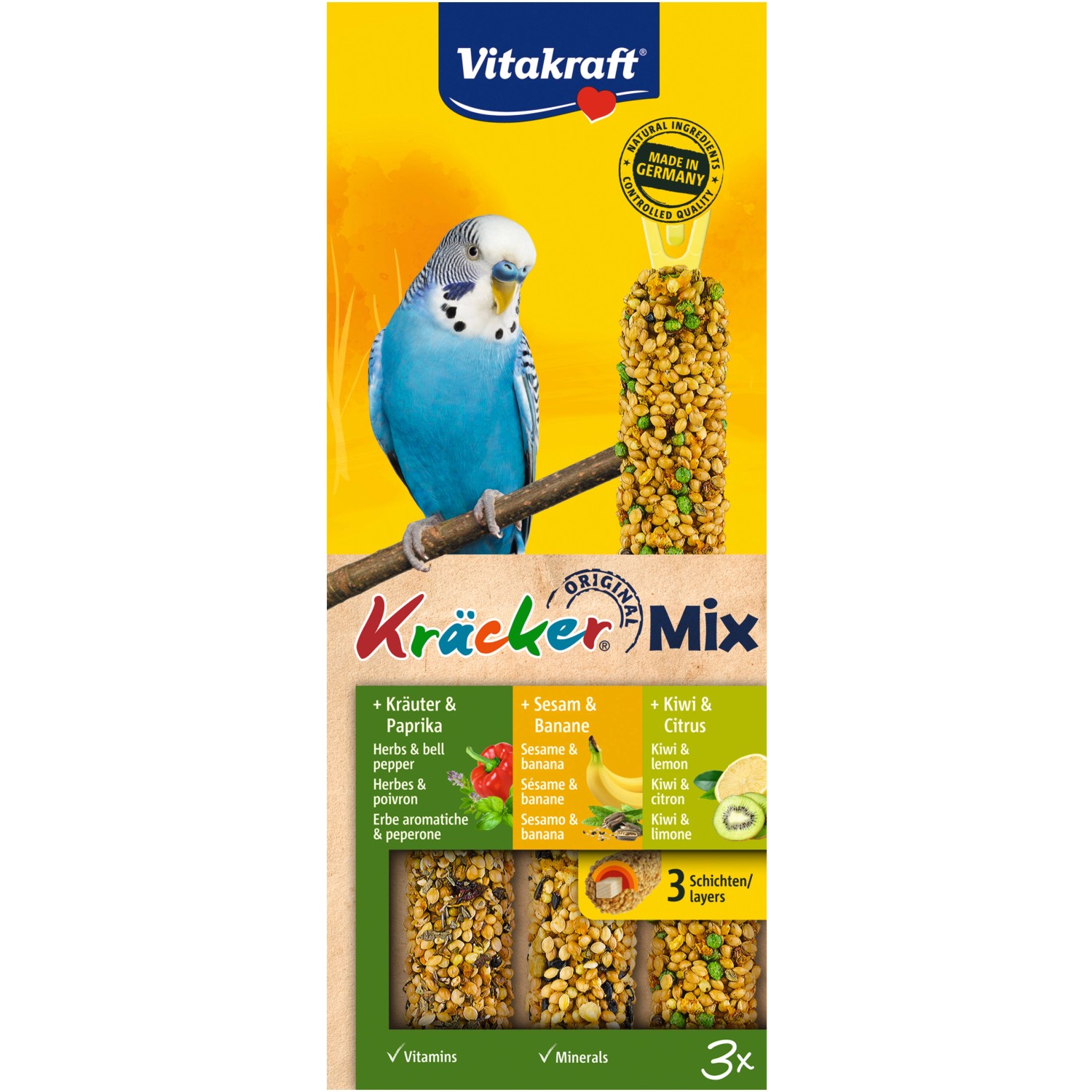 Vitakraft Vogel-Ergänzungsfutter Kräcker Mix Kräuter/Banane/Kiwi 3 Stück (90 g)