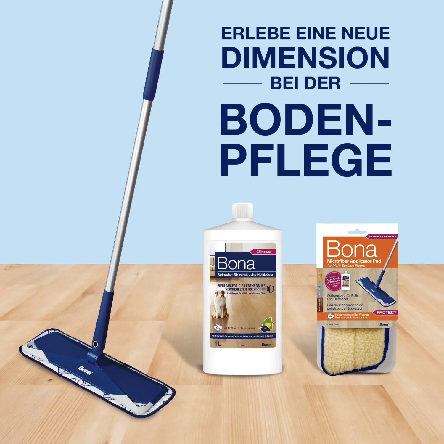 Bona Refresher 1L mit Wischer und Pad für versiegelte Holzböden.