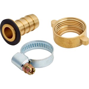 Schlauchverbinder aus Messing, 13 mm (1/2) x 19 mm (3/4), mit Schlauchschelle und Dichtung.