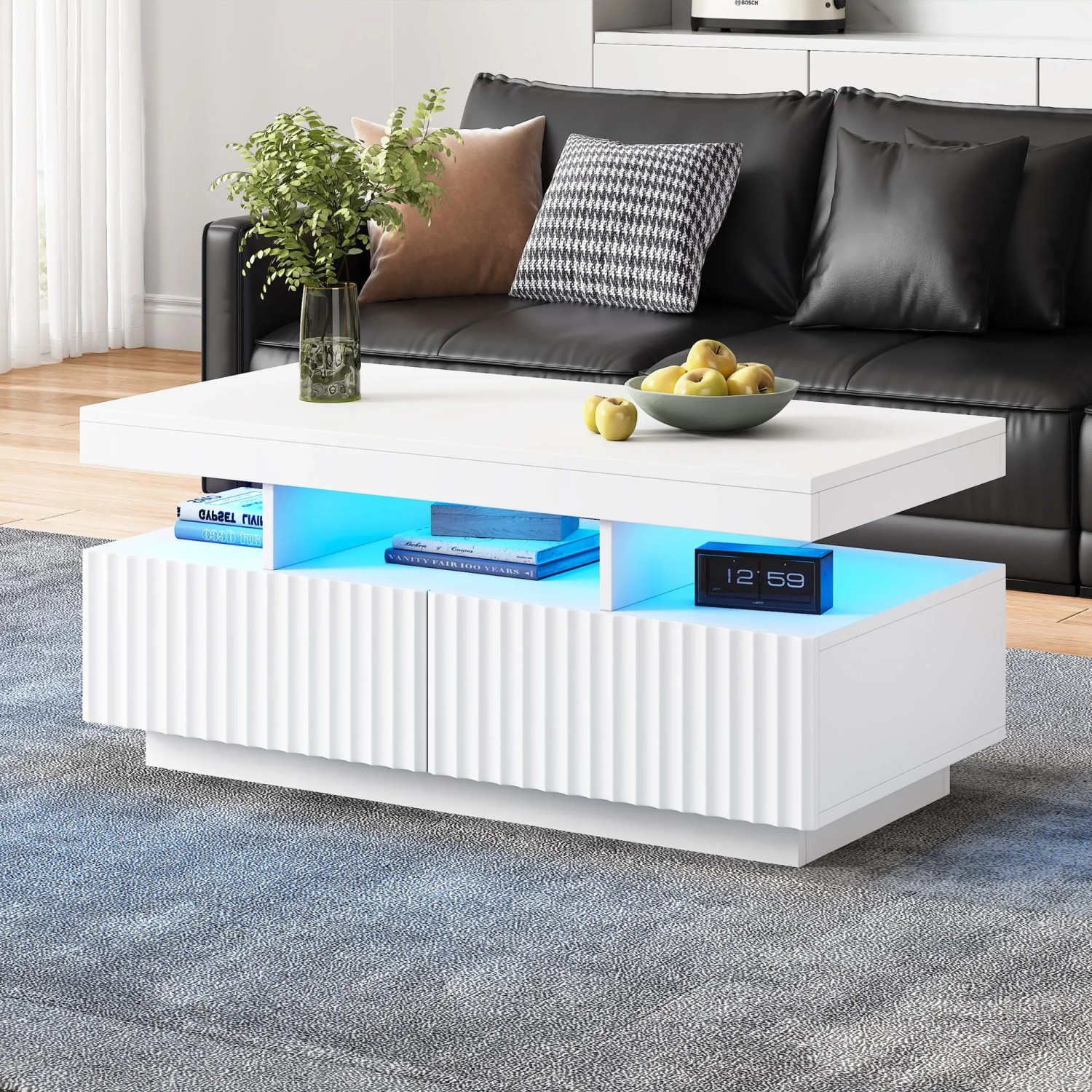 Merax Couchtisch Mit LED 2 Schubladen Rillenoptik Weiß