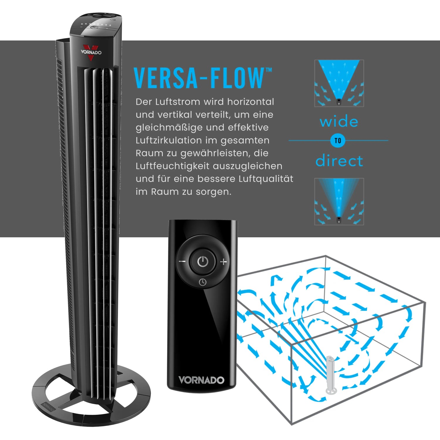 Schwarzer Vornado Tower L Standventilator mit Fernbedienung und Versa-Flow Luftzirkulation.