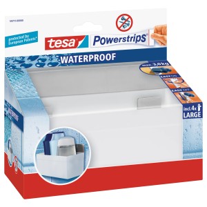 Tesa Waterproof Regal, weiß, mit 4 Powerstrips Large. Klebehaken für Bad und Dusche.
