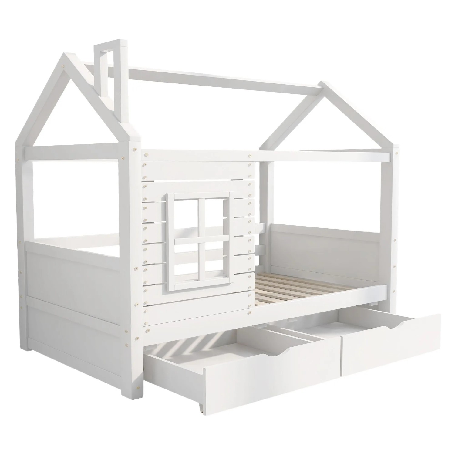 Merax Hausbett 90x200 Kinderbett Jugendbett mit Rausfallschutz Fenster Massivholz Weiß