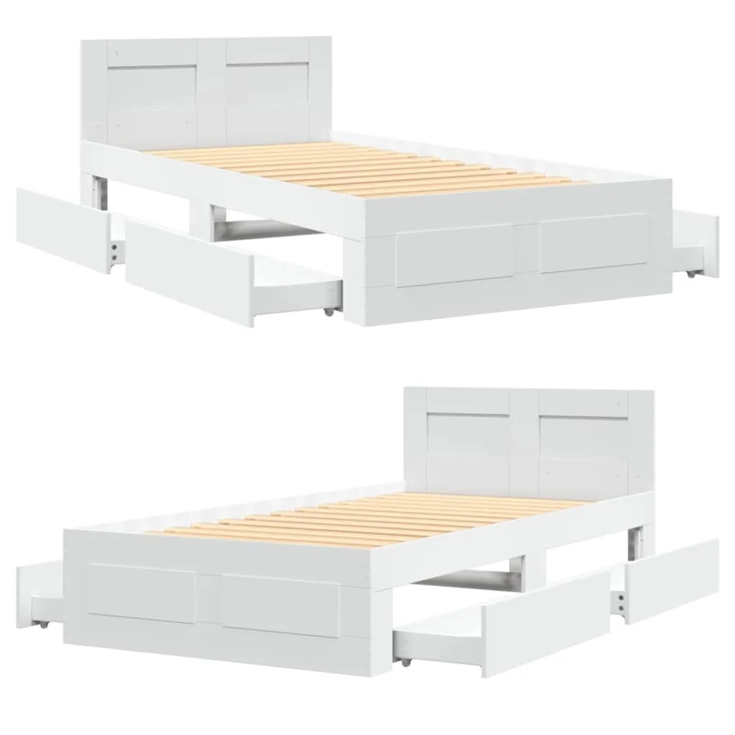Weißes Bettgestell mit Kopfteil und zwei ausziehbaren Schubladen. Lattenrost aus Sperrholz, Holzwerkstoff.