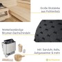 Details der Artsauna Fasssauna Spitzbergen: Fichtenholz Bänke, Bitumen-Dach, Saunaofen und Zubehör.