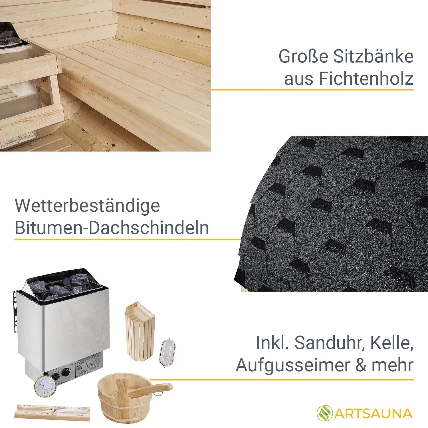 Details der Artsauna Fasssauna Spitzbergen: Fichtenholz Bänke, Bitumen-Dach, Saunaofen und Zubehör.