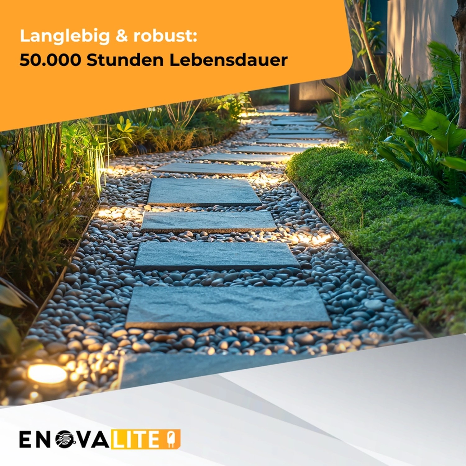 Beleuchteter Gartenweg mit ENOVALITE LED Bodeneinbauleuchten, warmweißes Licht.