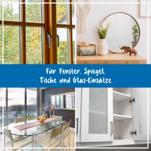 Poliboy Glas & Flächen Reiniger: Collage zeigt saubere Fenster, Spiegel, Glastisch und Glasschranktüren. Für streifenfreie Reinigung.