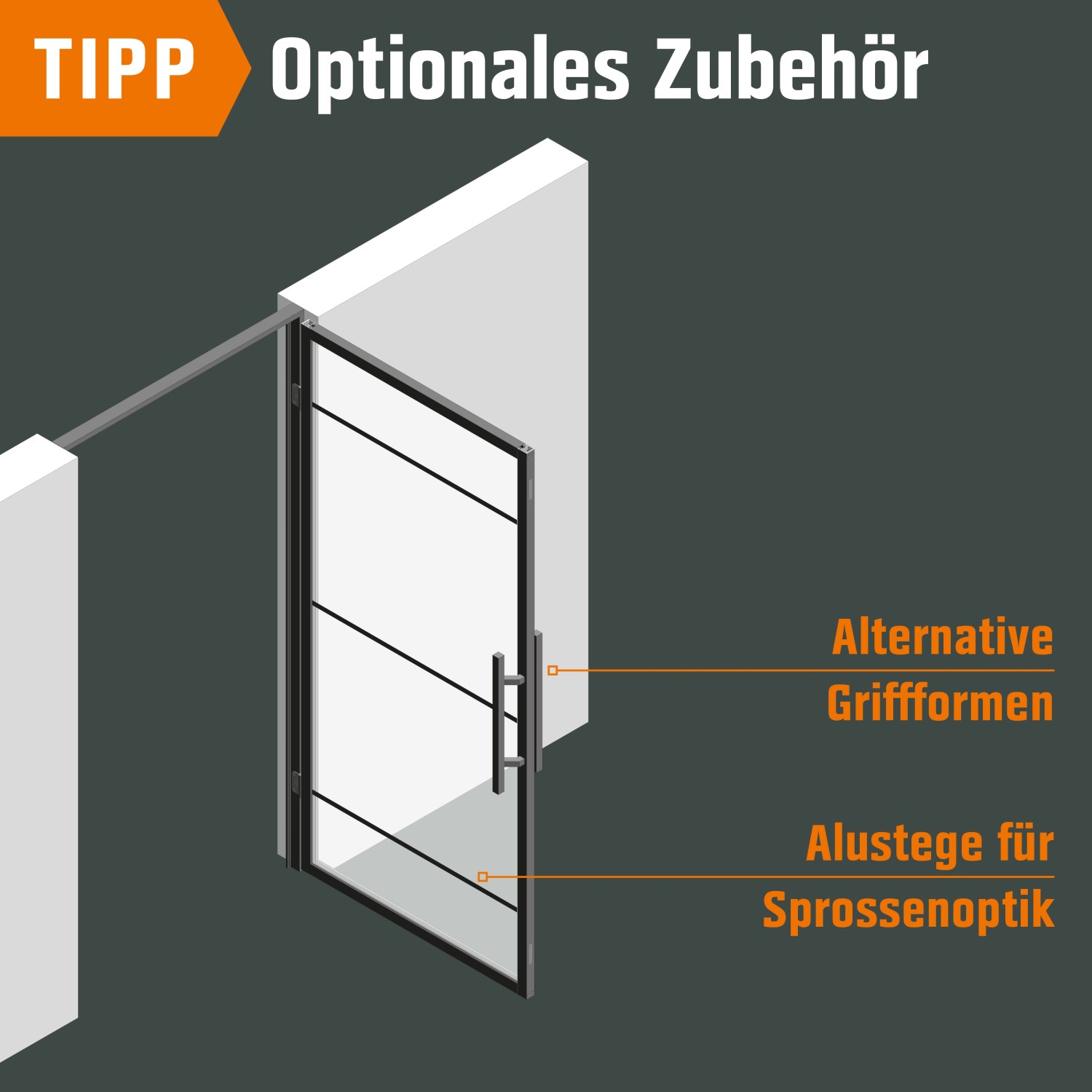 Loft+Mehr Drehtür-Set: Glastür mit Blockzarge, optional Sprossen und Griffvarianten.