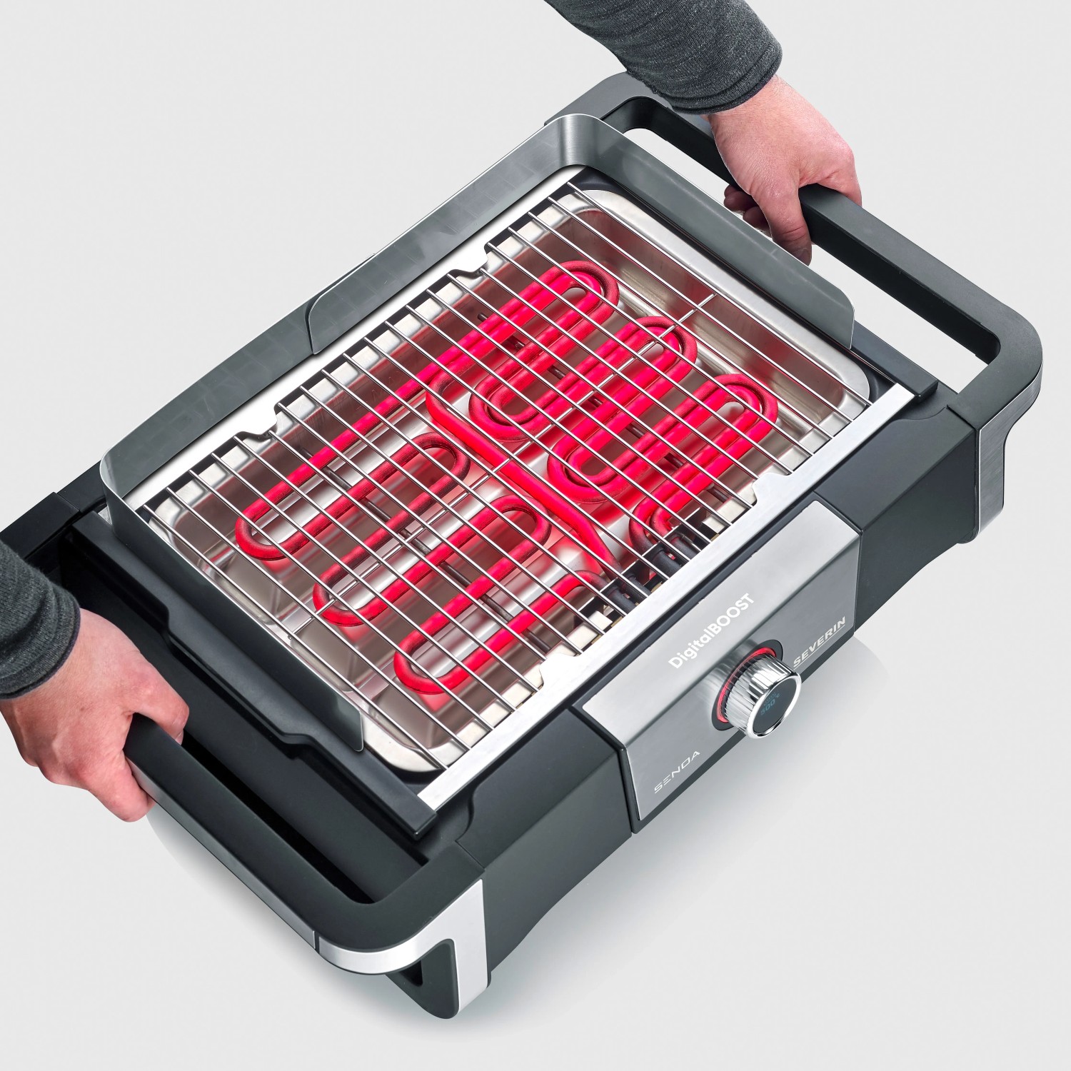 Severin Tischgrill PG 8114 SENOA DigitalBOOST mit roter Heizspirale und Tragegriffen.