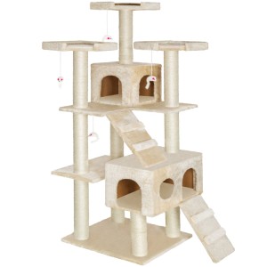 Beiger Tectake Kratzbaum Knuti, 186 cm hoch, mit Häuschen, Plattformen und Spielzeug.