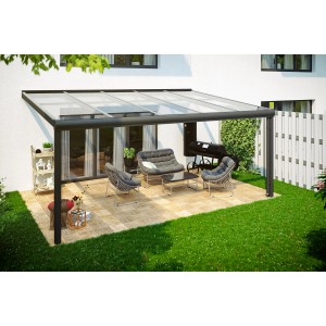 Skan Holz Terrassenüberdachung Modena, 541x357 cm, Aluminium Anthrazit mit VSG Glasdach.