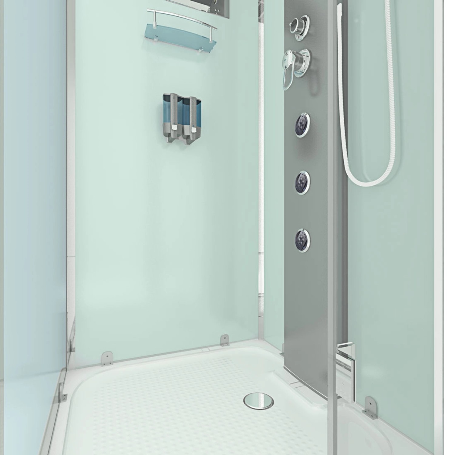 AquaVapore Komplettdusche 100x100 cm mit weißer Rückwand, Regendusche und Massagedüsen.