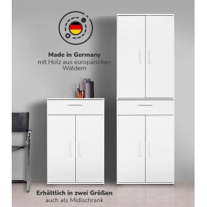 Mokebo Büroschrank in Weiß, Mehrzweckschrank in zwei Größen als Midi- oder Hochschrank.
