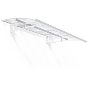 Weißes Palram-Canopia Vordach Bordeaux 2.2 x 1.4 aus Aluminium und Kunststoff Hohlkammerplatten.