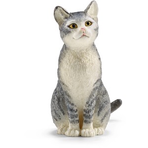 Sitzende Schleich Farm World Katze, grau getigert, detailgetreue Spielfigur.