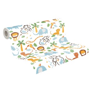 Bunte Vliestapete mit Dschungelmotiven für das Kinderzimmer.