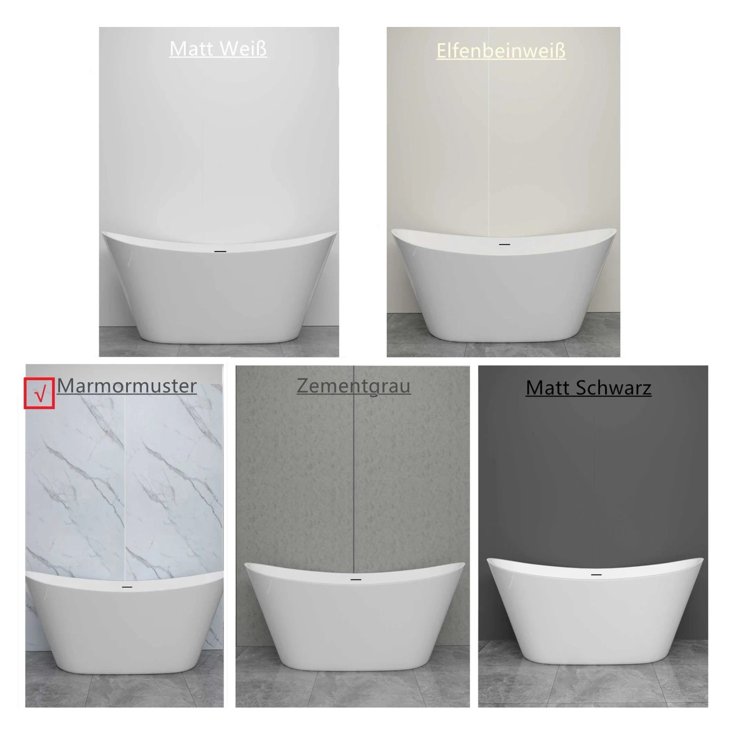 Duschrückwand Aluverbundplatte mit Marmormuster, daneben Varianten in Matt Weiß, Elfenbeinweiß, Zementgrau, Matt Schwarz.