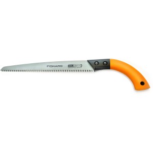 Fiskars Ast-, Hand- und Baumsäge SW 84 mit orangefarbenem Griff und feststehendem Sägeblatt.