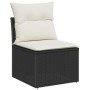 Schwarzes vidaXL Gartenmöbel Sofa-Element aus Rattan mit weißen Kissen.