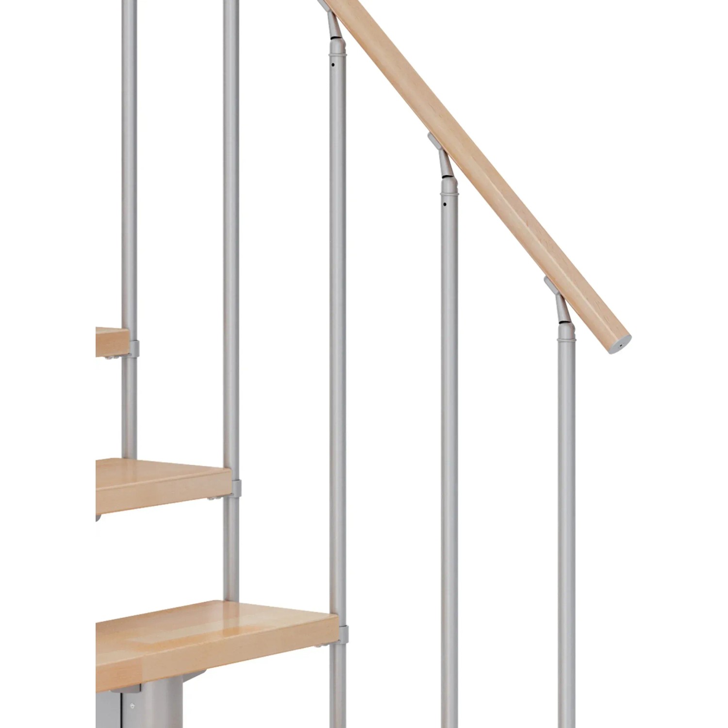 Dolle Mittelholmtreppe Cork Buche perlgrau, Detailansicht von Stufen und Geländer.