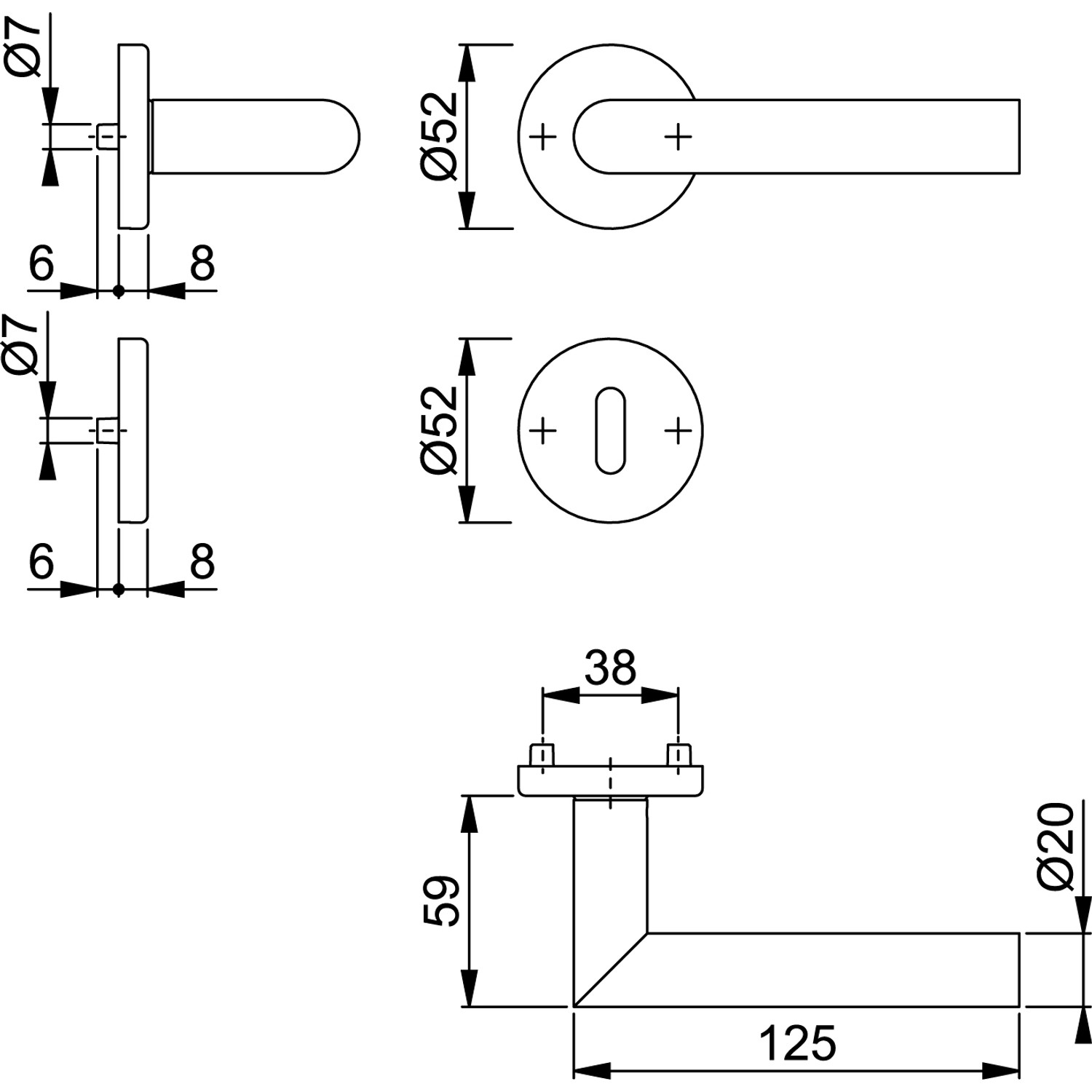 Technische Zeichnung: Hoppe Amsterdam Rosetten-Garnitur, Edelstahl matt, Maße für Türbeschlag.