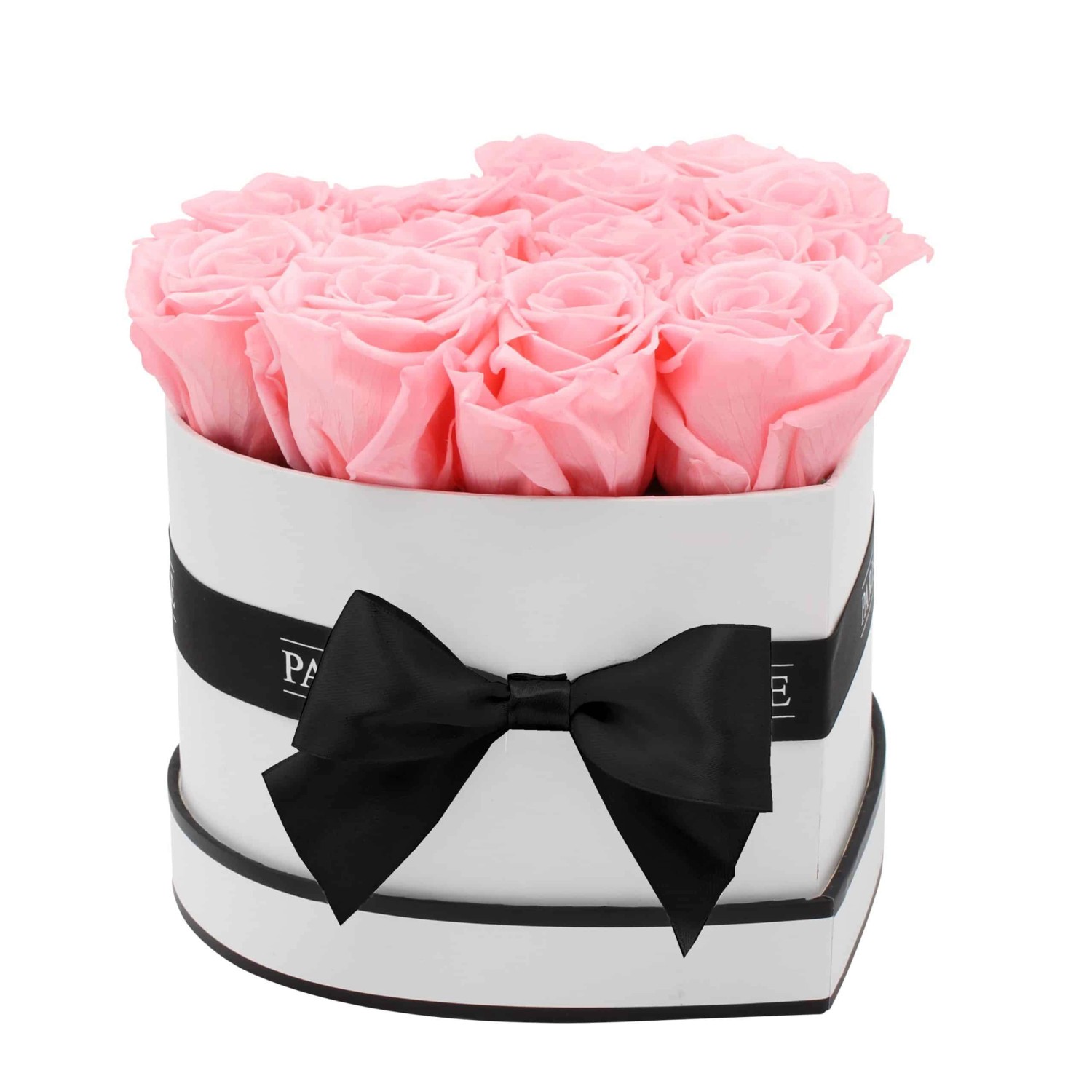 Rosenbox Herz Weiß-Schwarz mit 13 Rosa Rosen