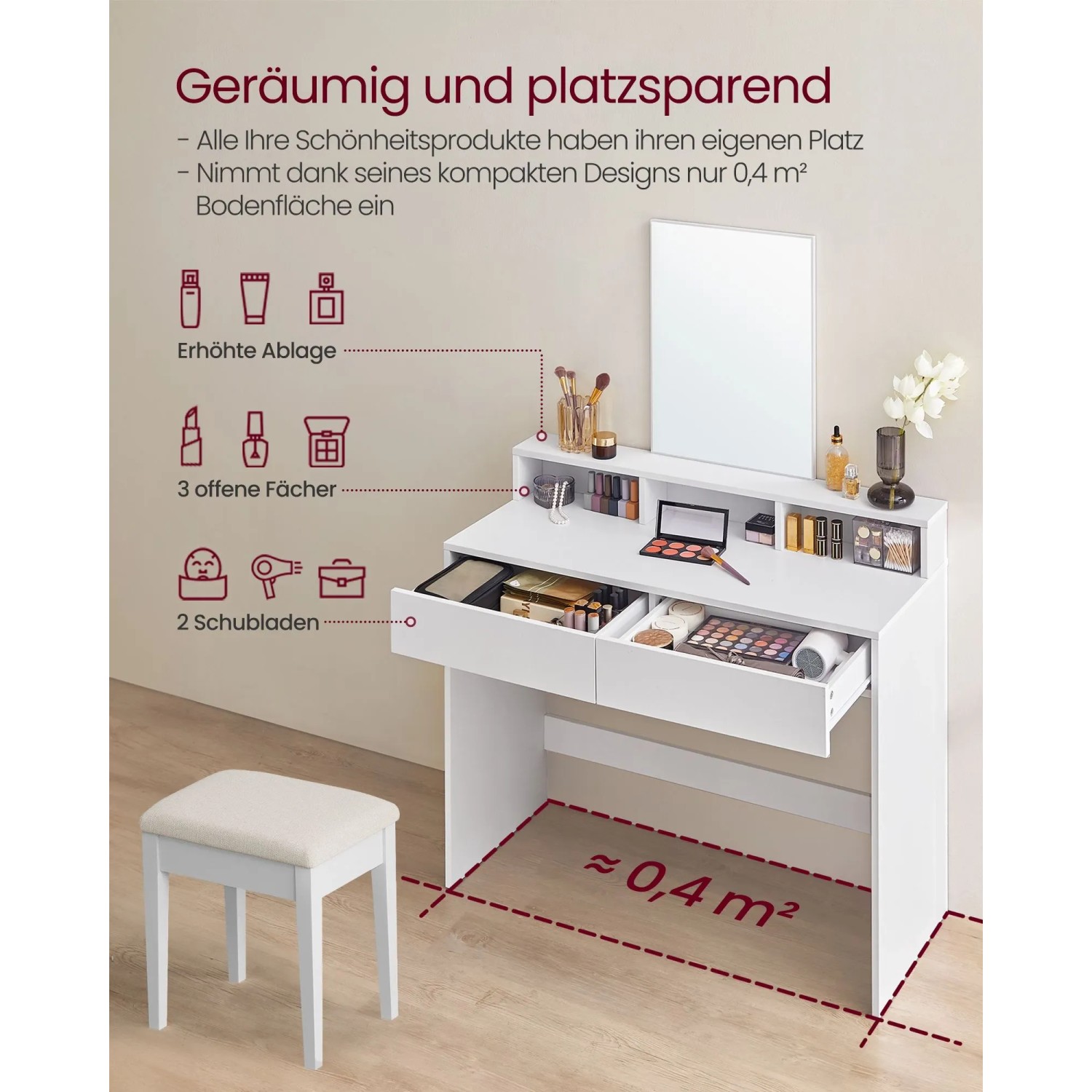 Weißer Vasagle Schminktisch mit Spiegel, Schubladen und Fächern. Modernes Design.