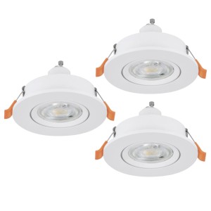 Drei weiße, runde EGLO LED-Einbaustrahler mit GU10 Fassung. Schlichtes Design für flexible Deckenbeleuchtung.