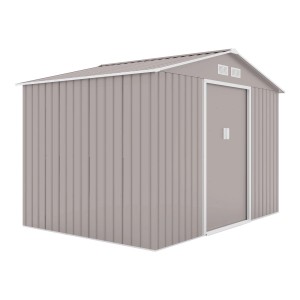 Helles, graues Hattoro S200 Metall Gerätehaus mit Satteldach und Bodenrahmen.