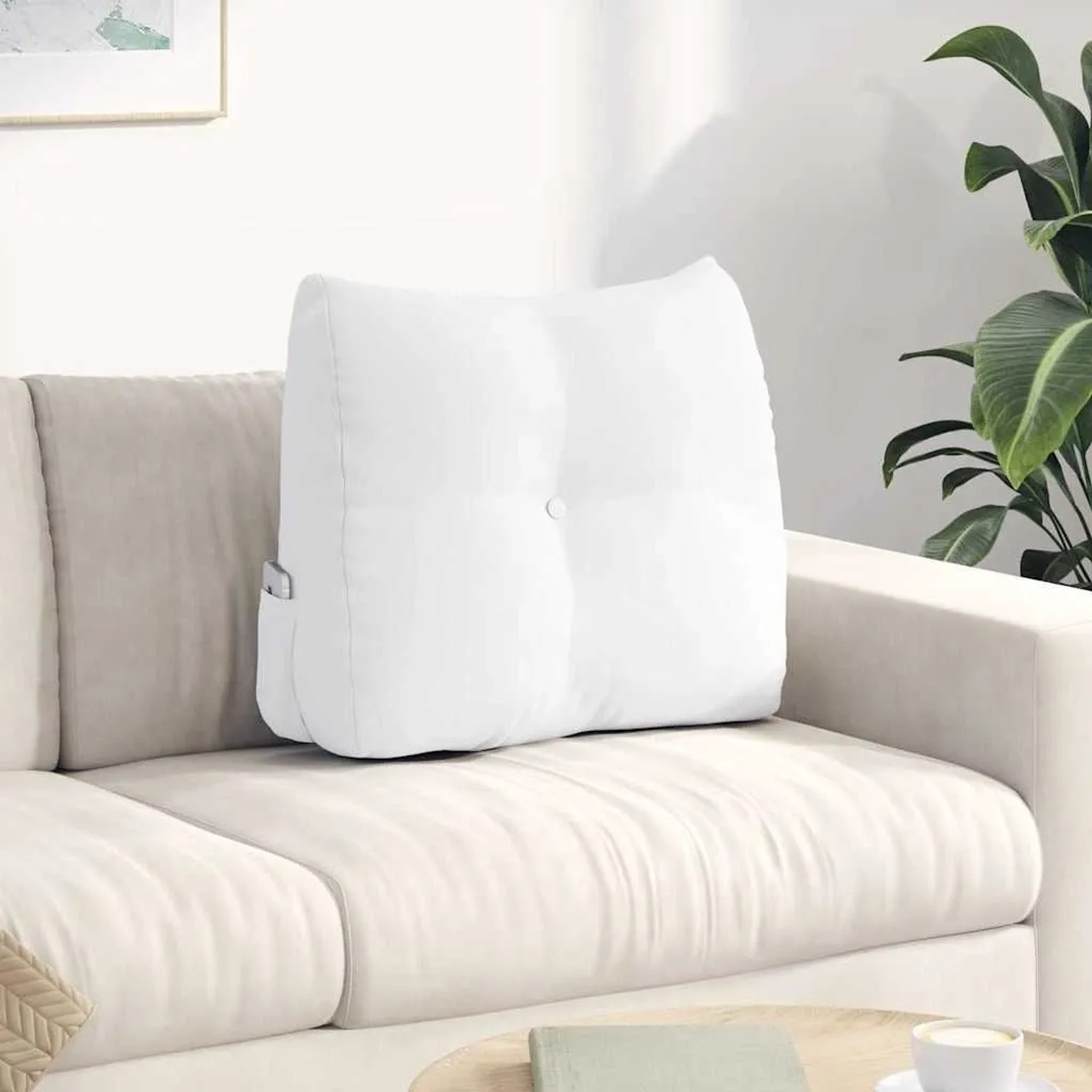 Weißes vidaXL Rückenkissen aus Stoff mit Knopf auf hellem Sofa. Ergonomisches Kissen für Wohnzimmer und Komfort.