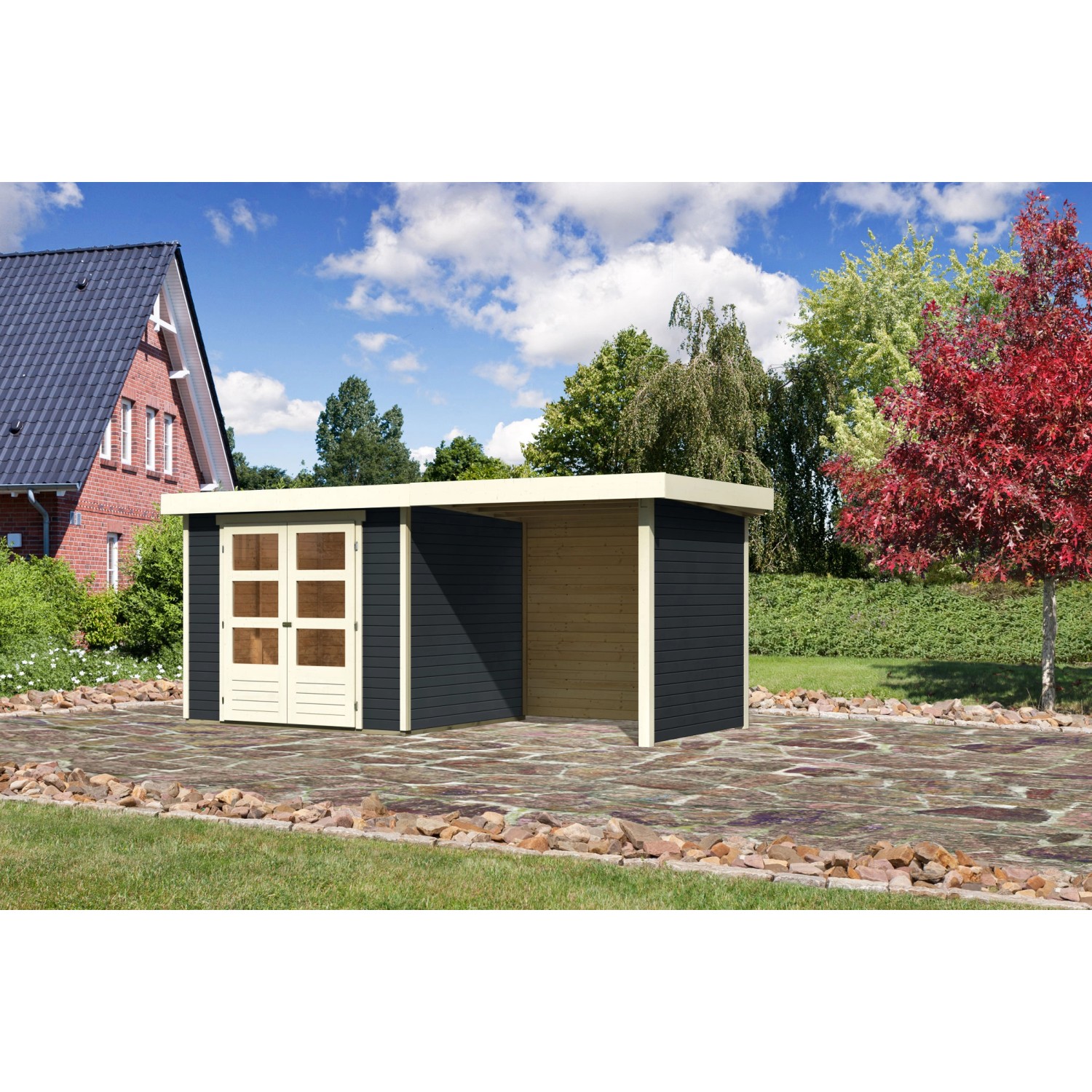 Karibu Gartenhaus Boras 3 Anthrazit 462x217 cm mit Anbaudach und Seiten-Rüc günstig online kaufen