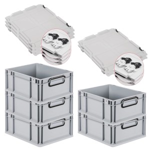 PROREGAL SuperSparSet: 5 graue Euroboxen mit Deckel, 16 Liter, mit schwarzen Griffen. Aufbewahrungsboxen.