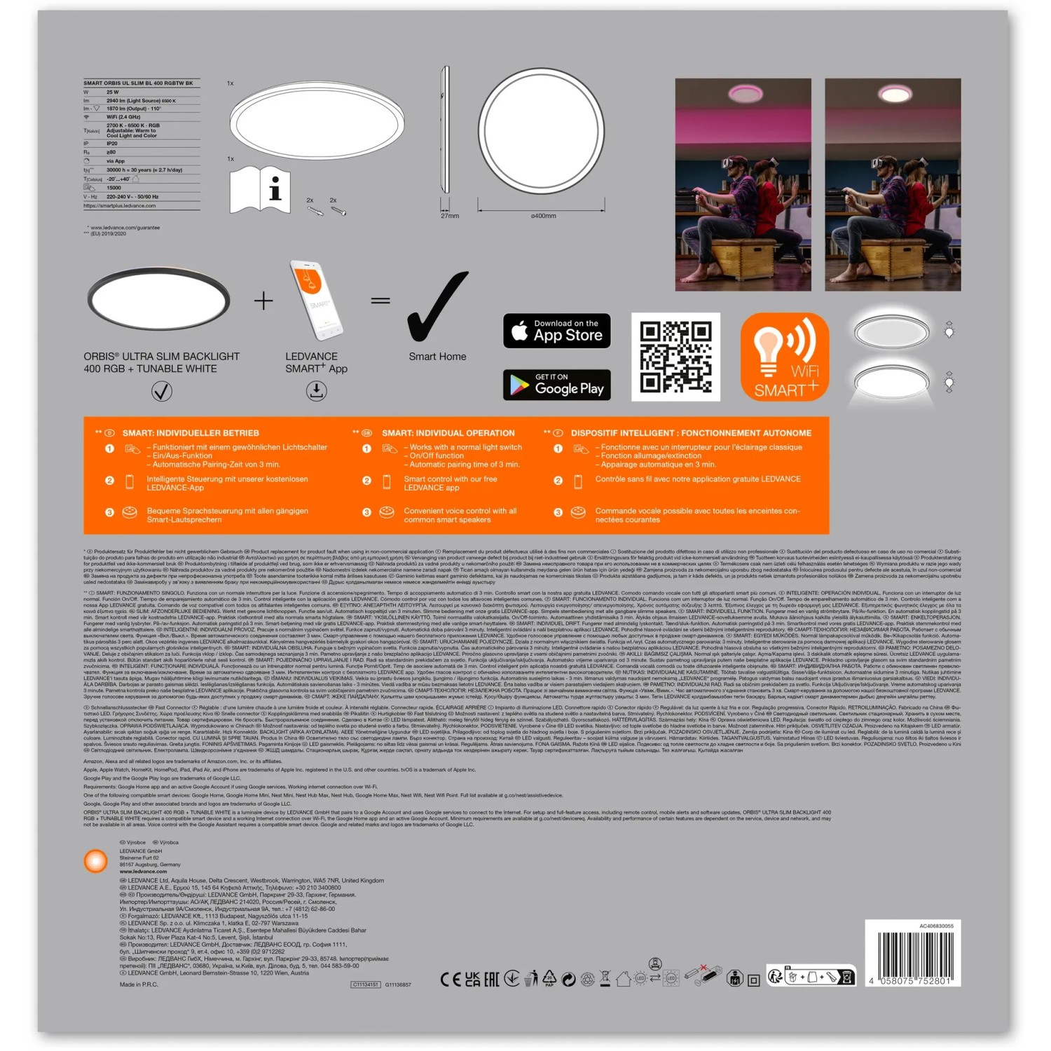 Verpackung der Ledvance Smart+ LED-Deckenleuchte Orbis Ultra Slim Rücklicht Schwarz Ø 40 cm.