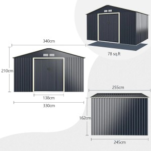 Costway Gerätehaus Metall, 340x255x210 cm, verschiedene Ansichten mit Maßangaben.