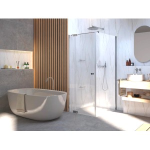 Eckdusche Brava Frame mit Drehtür, Chrom, 80x80x200 cm, teilgerahmt, in modernem Badezimmer.