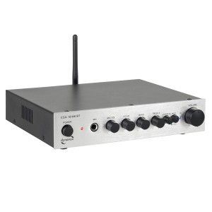 Silberner Dynavox ESA-18 MK BT Verstärker mit Bluetooth und Karaokefunktion.