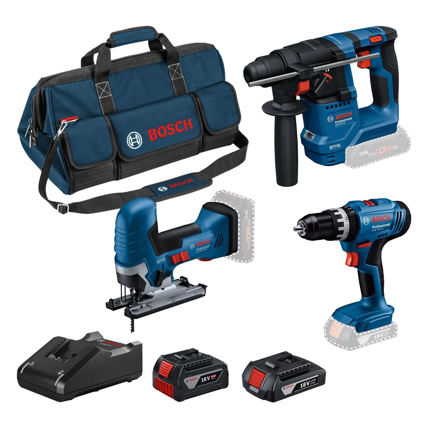 Bosch Professional Kit 3 Akku-Geräte GSB/GST/GBH 18 V mit 2 Akkus und Ladegerät