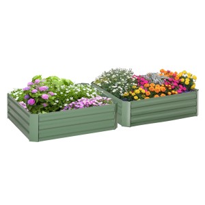 Outsunny Hochbeet-Set aus Stahl, 2 grüne Blumenkästen mit bunten Blumen bepflanzt.
