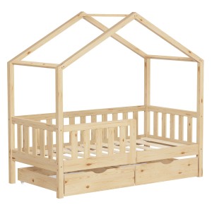 ML-Design Hausbett 70x140 cm aus Kiefernholz mit 2 Schubladen in Natur.
