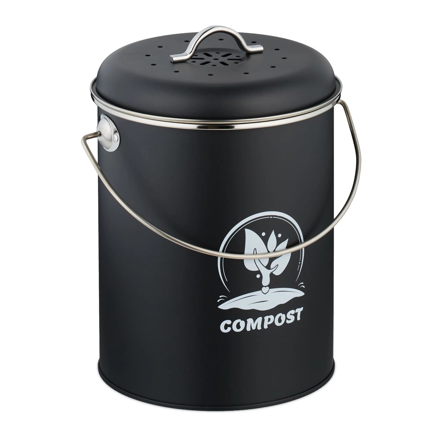 Relaxdays Komposteimer Eisen Schwarz mit Geruchsfilter 5,5 Liter