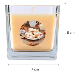Cremefarbene HS Candle Duftkerze im Glas mit Weihnachtsmotiv (Bonbons), Brenndauer 50h.