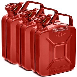 3 rote 5L BW Kraftstoffkanister aus Metall für Benzin, Diesel & E10, TÜV-geprüft.
