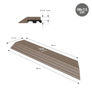 ML-Design WPC Abschlussleiste Ecke rechts, dunkelbraun, für WPC-Fliesen, Seitenansicht und Draufsicht mit Maßen.