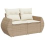 Beiges 10-tlg. vidaXL Garten-Sofa-Set aus Poly Rattan mit Tisch und Polster.