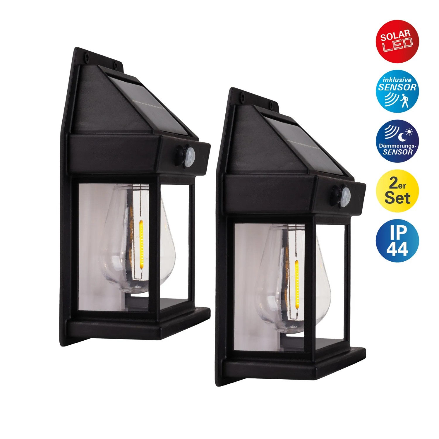 2er-Set schwarze Näve LED Solar-Außenwandleuchten Mira, 17x12x5,8 cm, mit Dämmerungssensor.